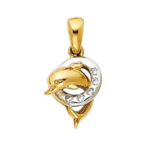 14K Two Tone CZ Dolphin Pendant
